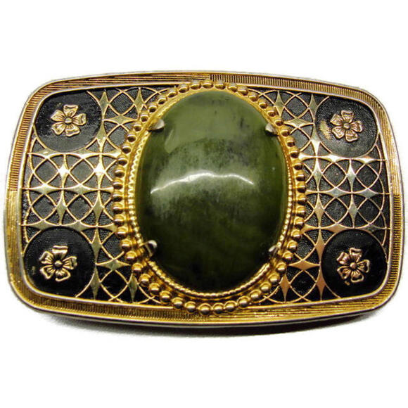 Other - South Western Green Stone Black & Gold Tone Overlay Detailed Flower Belt Buckle